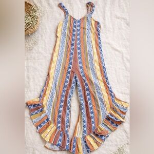 Japna Blue and Yellow Striped Ruffle Jumpsuit